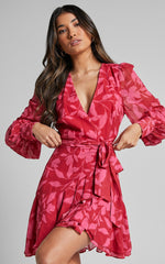 Aronia Mini Dress - V Neck Long Bishop Sleeve Ruffle Hem Wrap Dress in Havana Silhouette floral