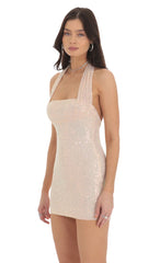 Iridescent Sequin Halter Dress in Champagne Cream