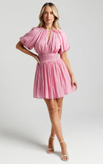 Michalka Mini Dress - Blouson Puff Sleeve Elasticised Waist in Pink