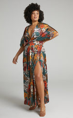 Vacay Ready Maxi Dress - Plunge Thigh Split Dress in Teal Floral Satin