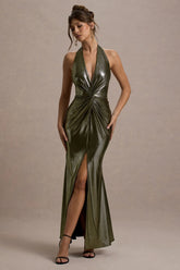 Carana | Gold Plunge-Neck Knotted Split Maxi Dress