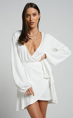 Lexina Mini Dress - Long Sleeve Wrap Centre Tie Dress in Off White