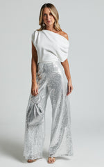 Looma Sequin Pants - High Waisted Super Wide Leg Pants in Silver