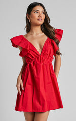 Raiza Mini Dress - Ruffle Sleeve Tie Back Plunge Dress in Red