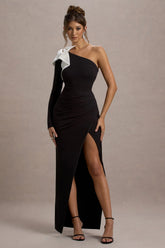 Philomena | Black One-Sleeve Split Maxi Dress With White Bow