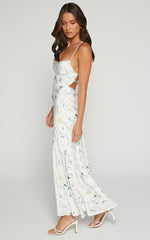 Shierina Midi Linen Dress - Sweetheart Neck Line Sleeveless Dress in White Floral