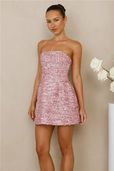 Exquisite Charm Tweed Sequin Strapless Mini Dress Pink