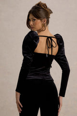 Tazmin | Black Velvet Embellished Square-Neck Top