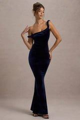 Neeka | Navy Velvet Twisted Asymmetric Maxi Dress