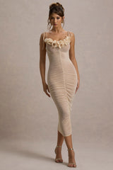 Jesi | Cream Mesh Ruched Midi Dress With Ruffles