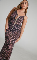 Zharina Midi Dress - Lace Up Front Sheer Dress in Leopard Print