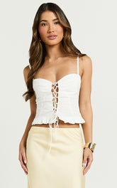 Nani Top - Lace Front Fitted Frill Hem Top in White