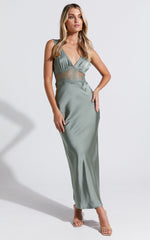Juliet Midi Dress - V Neck Lace Insert Satin Slip Dress in Olive