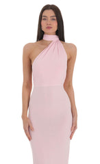 One Shoulder Scarf Strap Maxi Dress in Pink