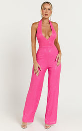 Belle Jumpsuit - Plunge Halter Sequin Jumpsuit in Hot Pink