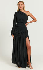 Grittah Midi Dress - One Shoulder Bishop Sleeve High Split Ruched Dress in Black