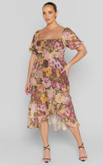 Jasalina Midi Dress - Puff Sleeve Dress in Classic Floral