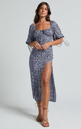 Rosario Midi Dress - Ruched Bust Puff Sleeve Dress in Blue Floral