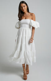 Maxima Midi Dress - Puff Sleeve Shirred Bodice Tiered Dress in White