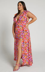 Dyliah Maxi Dress - Thigh Split Frill Shoulder Plunge Neck Dress in Spring Floral