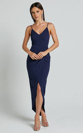 Lucky Day Midi Dress - V Neck Drape Dress in Navy