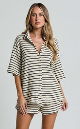 Dylan Two Piece Set - Striped Waffle Shirt and Short Set in Black & Cream Stripe