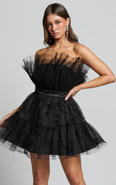Amalya Mini Dress - Tiered Tulle Fit and Flare Dress in Black