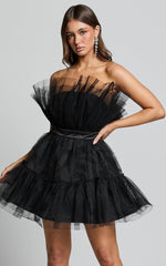 Amalya Mini Dress - Tiered Tulle Fit and Flare Dress in Black