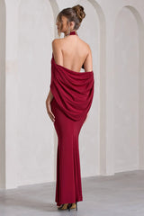 Revelation | Berry Red Crossed Halter-Neck Maxi Dress With Cape