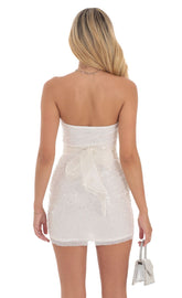Pearl Sequin Strapless Bodycon Dress in White
