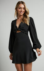 Pilar Mini Dress - Twist Front Long Sleeve Dress in Black