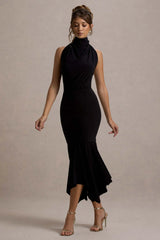 Prianyka | Black High-Neck Draped Midi Dress