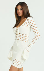 Karly Mini Dress - Crochet Knit Long Sleeve Dress in Ivory