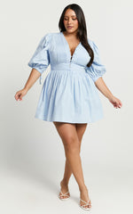 Zandra Mini Dress - Puff Sleeve Poplin Dress in Icy Blue