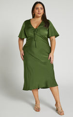 Nicholla Midi Dress - Ruched Front Angel Sleeve Slip Dress in Olive