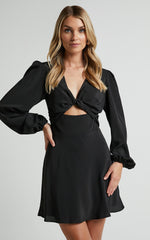 Pilar Mini Dress - Twist Front Long Sleeve Dress in Black