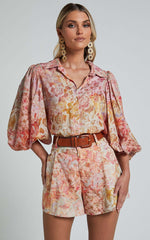 Amalie The Label - Noemie Linen Blend High Waisted Belted Tailored Shorts in Morocco Print