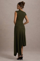 Ondine | Khaki Asymmetric Draped Midi Dress