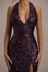 Superstition | Plum Sequin Plunge-Neck Split Maxi Dress