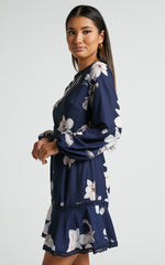 Not Missing Out Mini Dress - Long Puff Sleeve Dress in Navy Floral