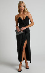 Raquella Midi Dress - Twist Front Thigh Split Strapless Dress in Black