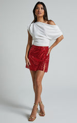 Elswyth Mini Skirt - Side Split Sequin Skirt in Red