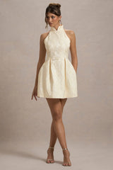 Costa | Ecru Jacquard High-Neck Mini Dress With Pleated Skirt