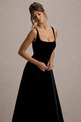Francisca | Black Velvet Strappy Volume-Hem Midi Dress