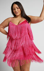 Siofra Mini Dress - Zig Zag Fringe Dress in Hot Pink