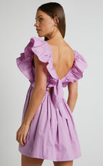 Raiza Mini Dress - Ruffle Sleeve Tie Back Plunge Dress in Lilac