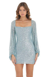Shantelle Sequin Long Sleeve Dress in Blue