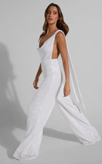 Malisha Jumpsuit - Cowl Neck Backless Jumpsuit in White Sequin