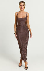 Roma Midi Dress - Ruched Cowl Neck Dress in Chocolate Lurex