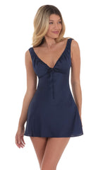 Satin V-Neck Dress in Navy